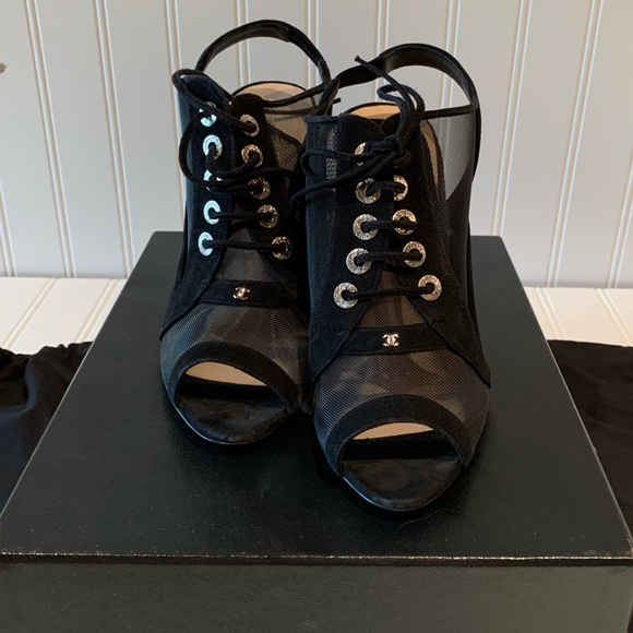 CHANEL Shoes - CHANEL Black Mesh Lace-Up Open-Toe Heels